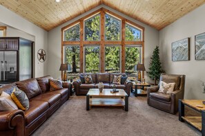 TV, fireplace, books, offices