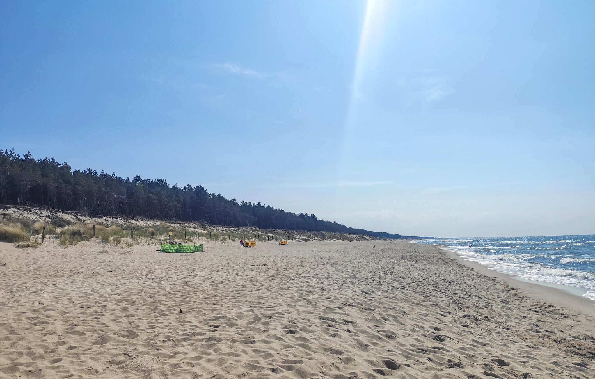 Ein weiter Sandstrand mit bewaldeter Küste im Hintergrund und blauem Himmel.