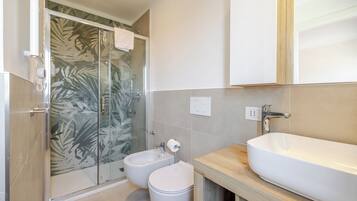 Shower, hair dryer, bidet, towels