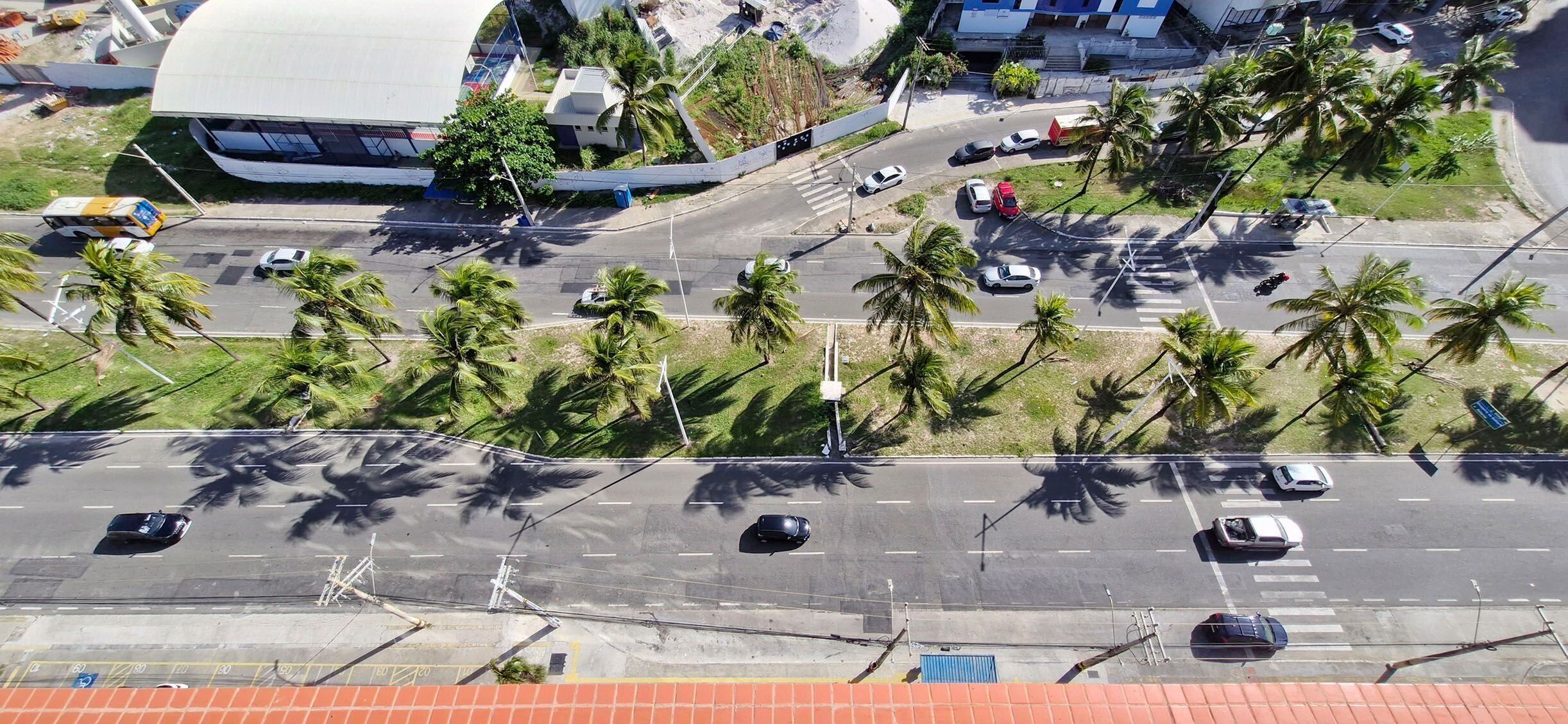Eine Vogelperspektive einer Straße mit Autos, Palmen und einem großen weißen Gebäude.