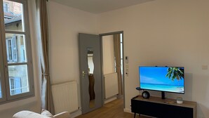 A room with a beige sofa, a TV on a wooden stand displaying a beach scene, a door with a mirror, and a window with curtains. - Les M Riers in Grenoble (Grenoble)