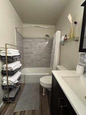 Hair dryer, towels, soap, shampoo