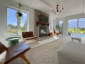 Smart TV, fireplace, books