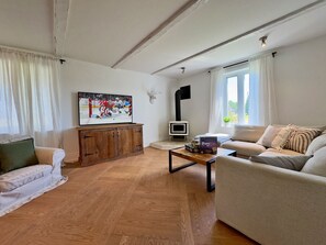 Smart TV, lareira, livros