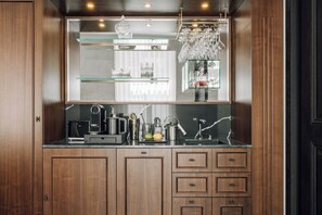 Mini-fridge, microwave, stovetop, high chair