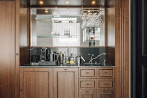 Mini-fridge, microwave, stovetop, high chair
