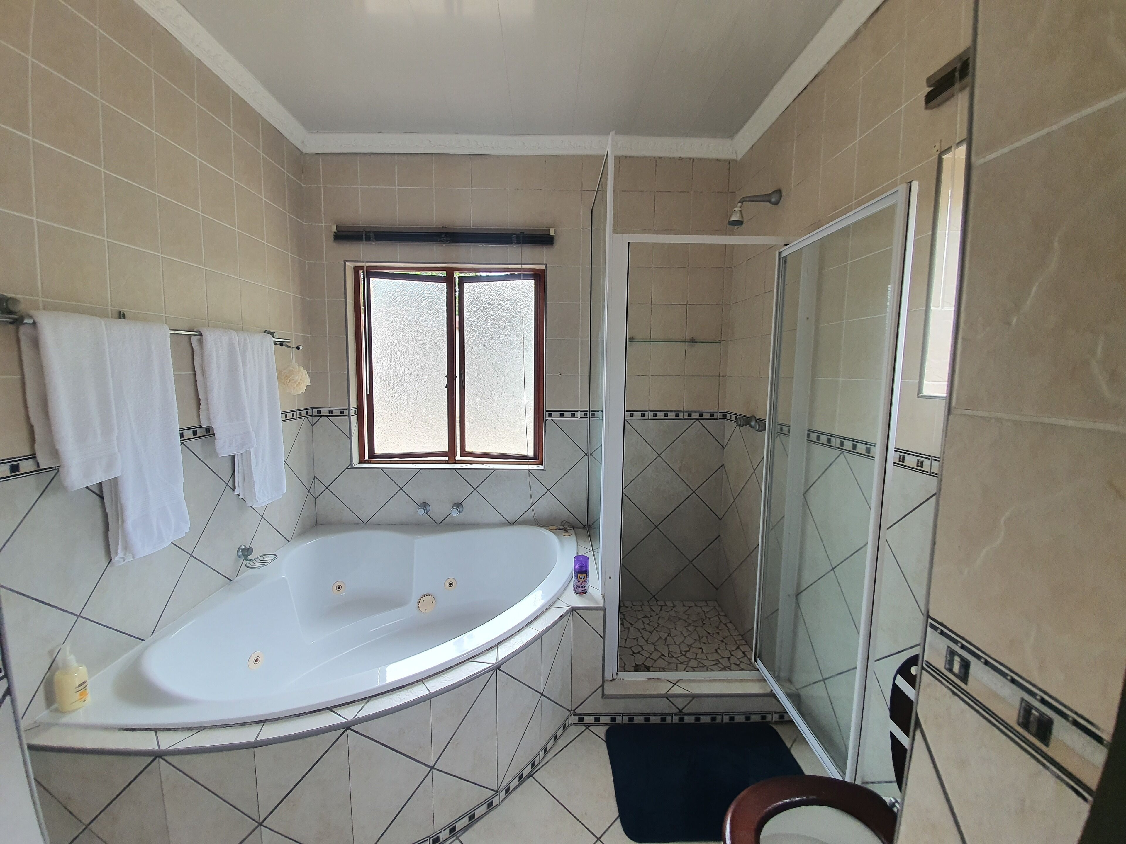 Ein Badezimmer mit Badewanne, Dusche und Toilette.