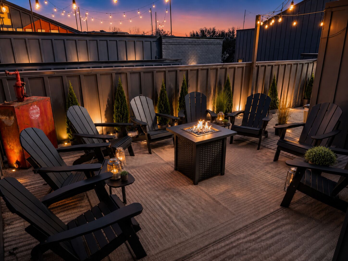 An outdoor patio with Adirondack chairs, a fire pit, and string lights.