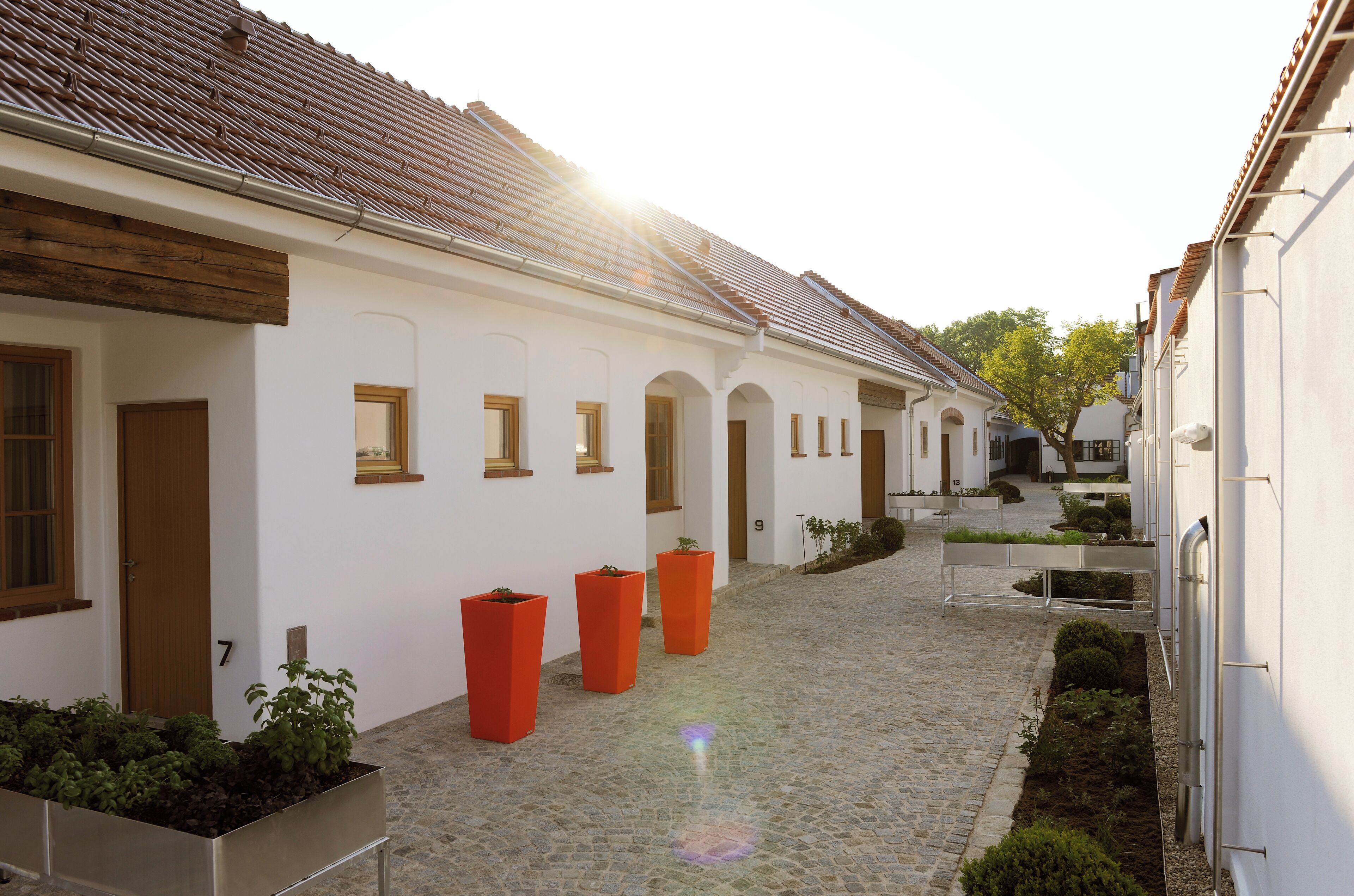 A courtyard with white buildings, cobblestone path, and red planters.