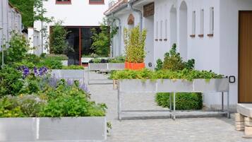 Ein Innenhof mit erhöhten Pflanzgefäßen, in denen verschiedene Pflanzen und Blumen stehen, einem gepflasterten Weg und einem weißen Gebäude mit Bogenfenstern und einer Holztür.