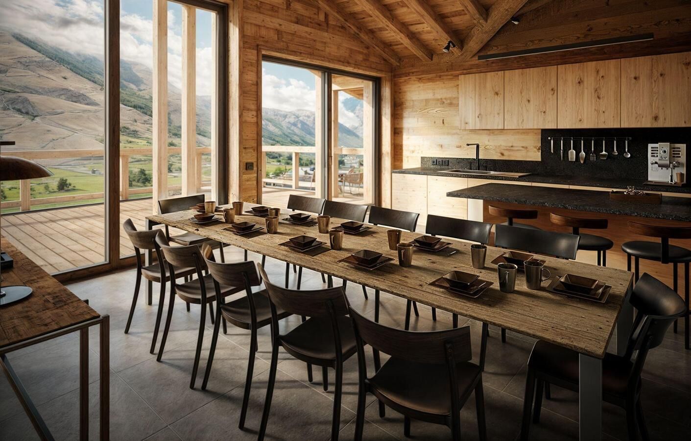 Un comedor con una larga mesa de madera dispuesta para 12 personas, rodeada de sillas, con zona de cocina y ventanas amplias que ofrecen vistas a la montaña.