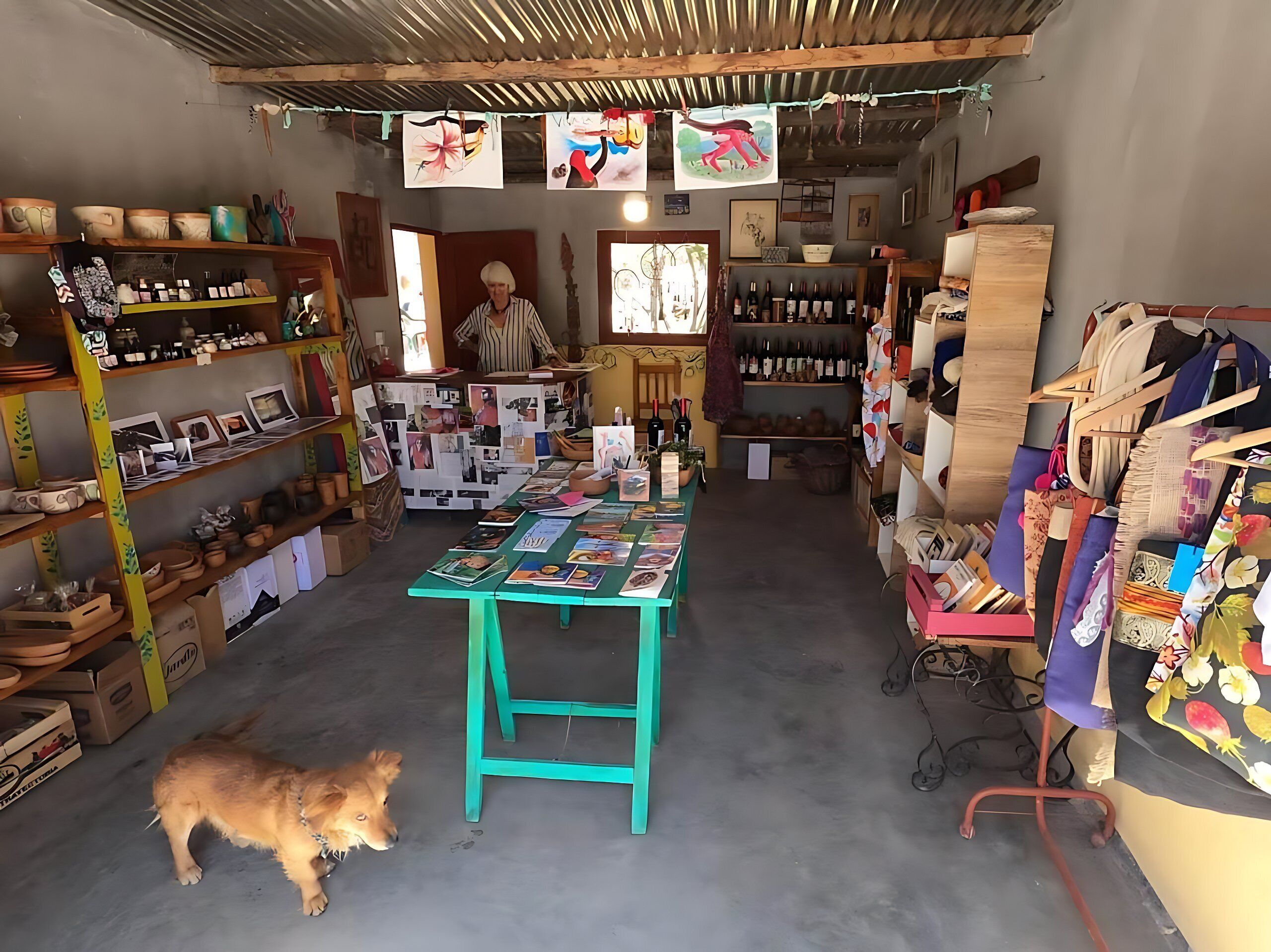 A rustic shop with shelves of pottery, books, and wine bottles.