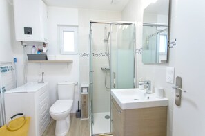 Hair dryer, towels, soap