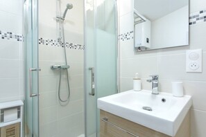 Hair dryer, towels, soap