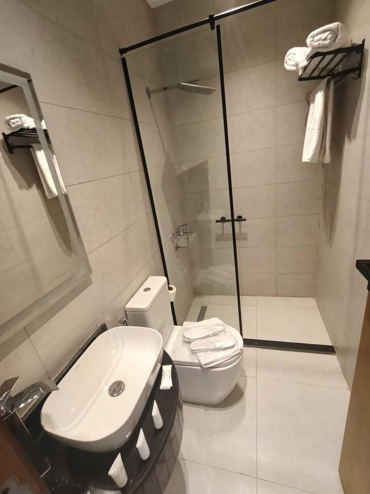 A modern bathroom with a glass-enclosed shower, a white sink, and a toilet.