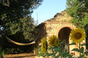 Enter a serene garden oasis with a rustic stone entrance, hammock, and vibrant sunflowers.