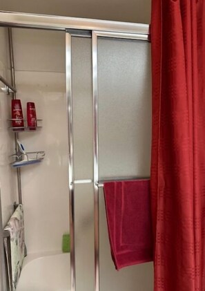 Shower, towels, soap, toilet paper