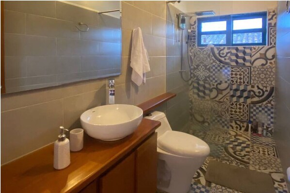 A bathroom with a large white sink, a toilet, and a shower area with patterned tiles.