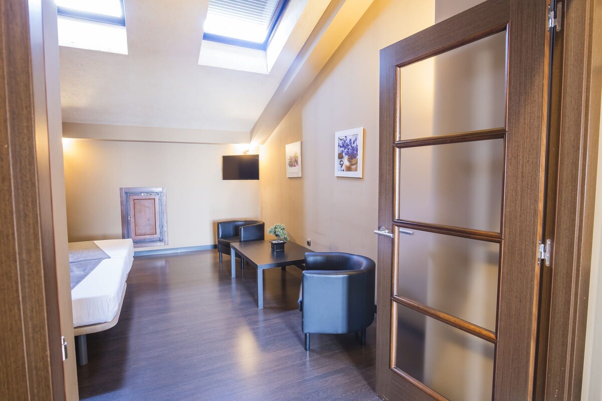 A hotel room with a bed, a desk, a chair, a small table, and a potted plant. There is a wooden door with frosted glass panels and a skylight above the bed.
