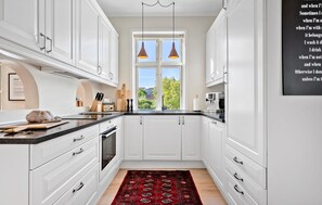 Fridge, stovetop, dishwasher, coffee/tea maker