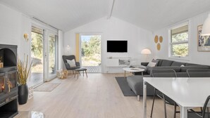 A modern living room with a fireplace, a sofa, a dining table, and a TV.