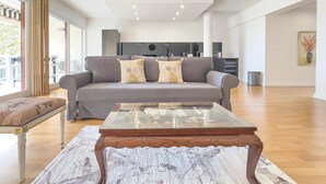 A spacious living room with a grey sofa, a glass coffee table, and a patterned rug. - 213 Le Montfleury in Cannes (Cannes)