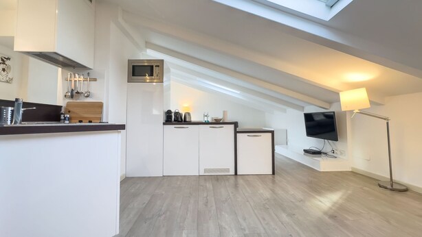 A modern kitchen with white cabinets, a microwave, and a skylight. - 4B Tony Allard in Cannes (Cannes)