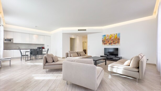 A modern living room with a sofa set, a coffee table, and a TV. There is a dining area with a table and chairs. The room has a light wooden floor and white walls. - 2A Tony Allard in Cannes (Cannes)