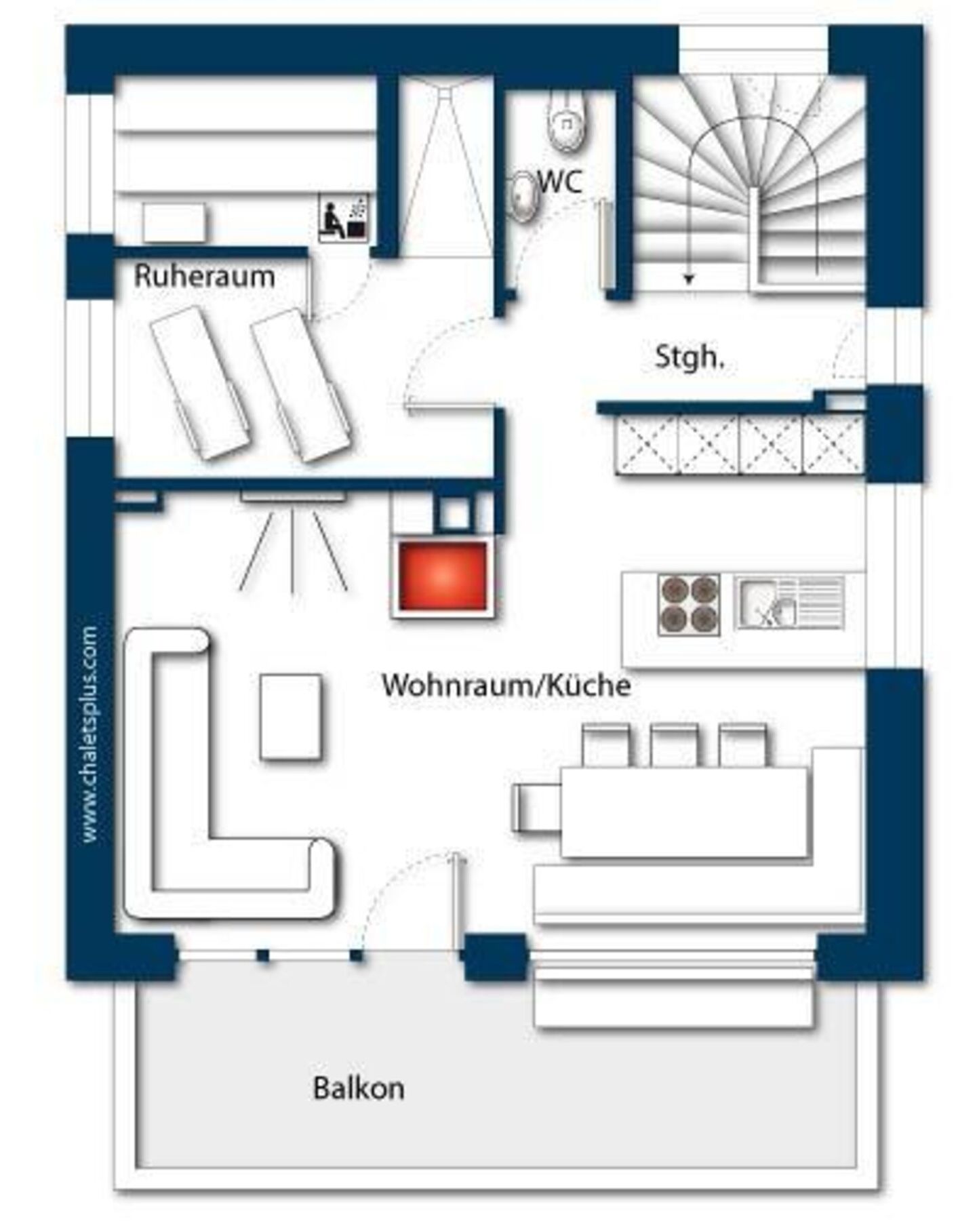 A hotel layout with a living room/kitchen, a bathroom, a bedroom, and a balcony.