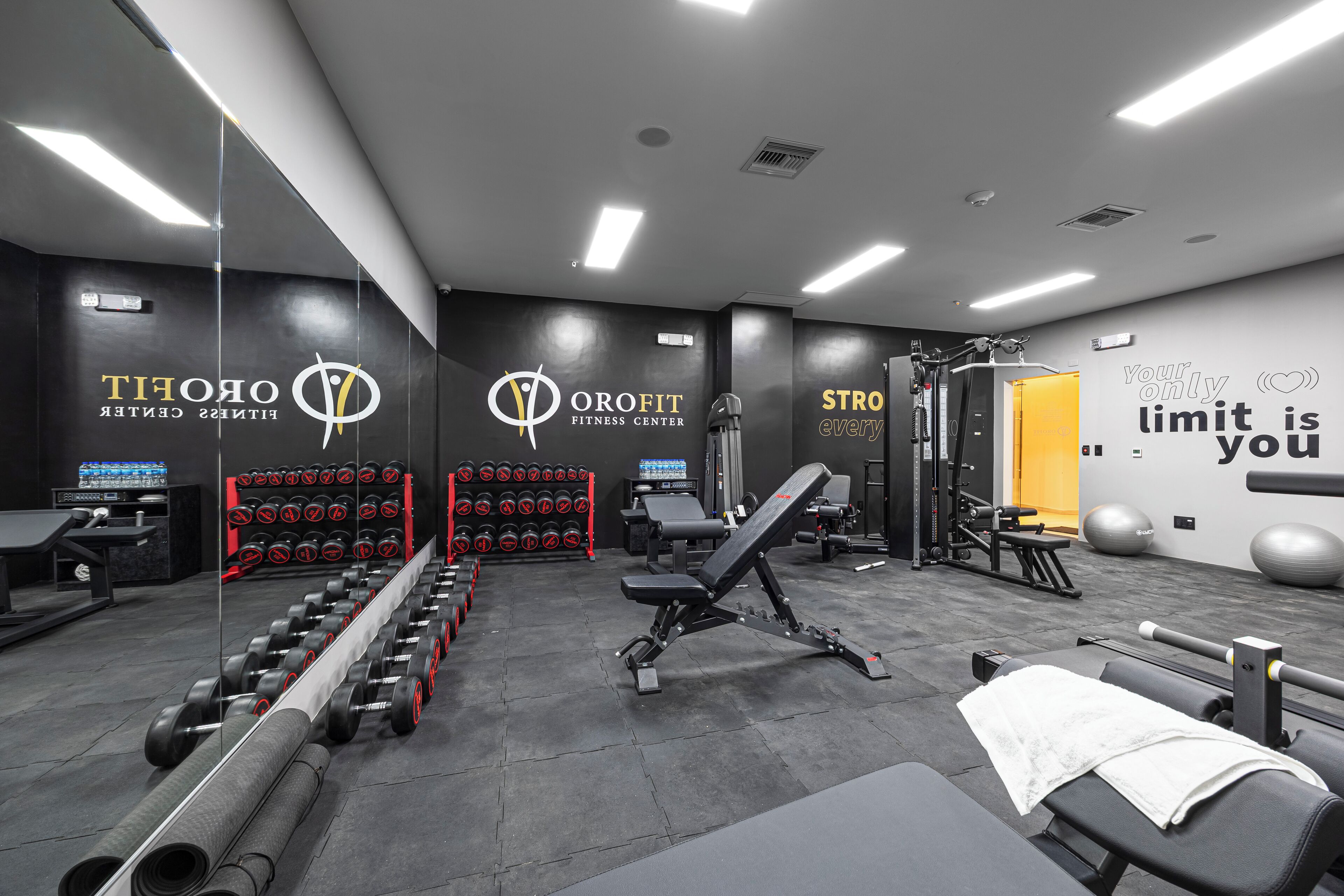 Un gimnasio moderno con equipamiento de levantamiento de pesas, cintas de correr y pelotas de ejercicio.