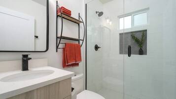 Chuveiro, secador de cabelo, shampoo