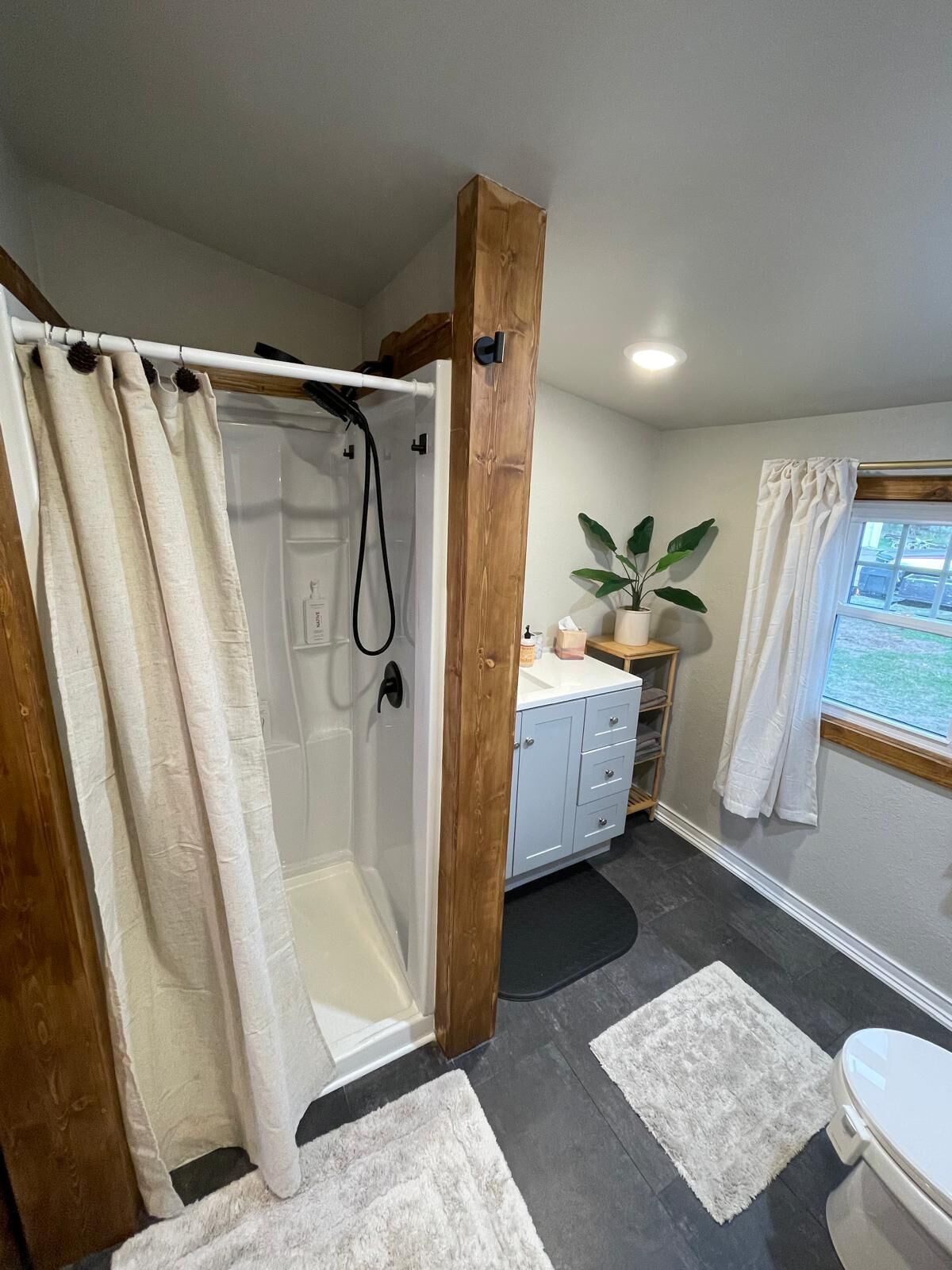 Hair dryer, bidet, towels, soap