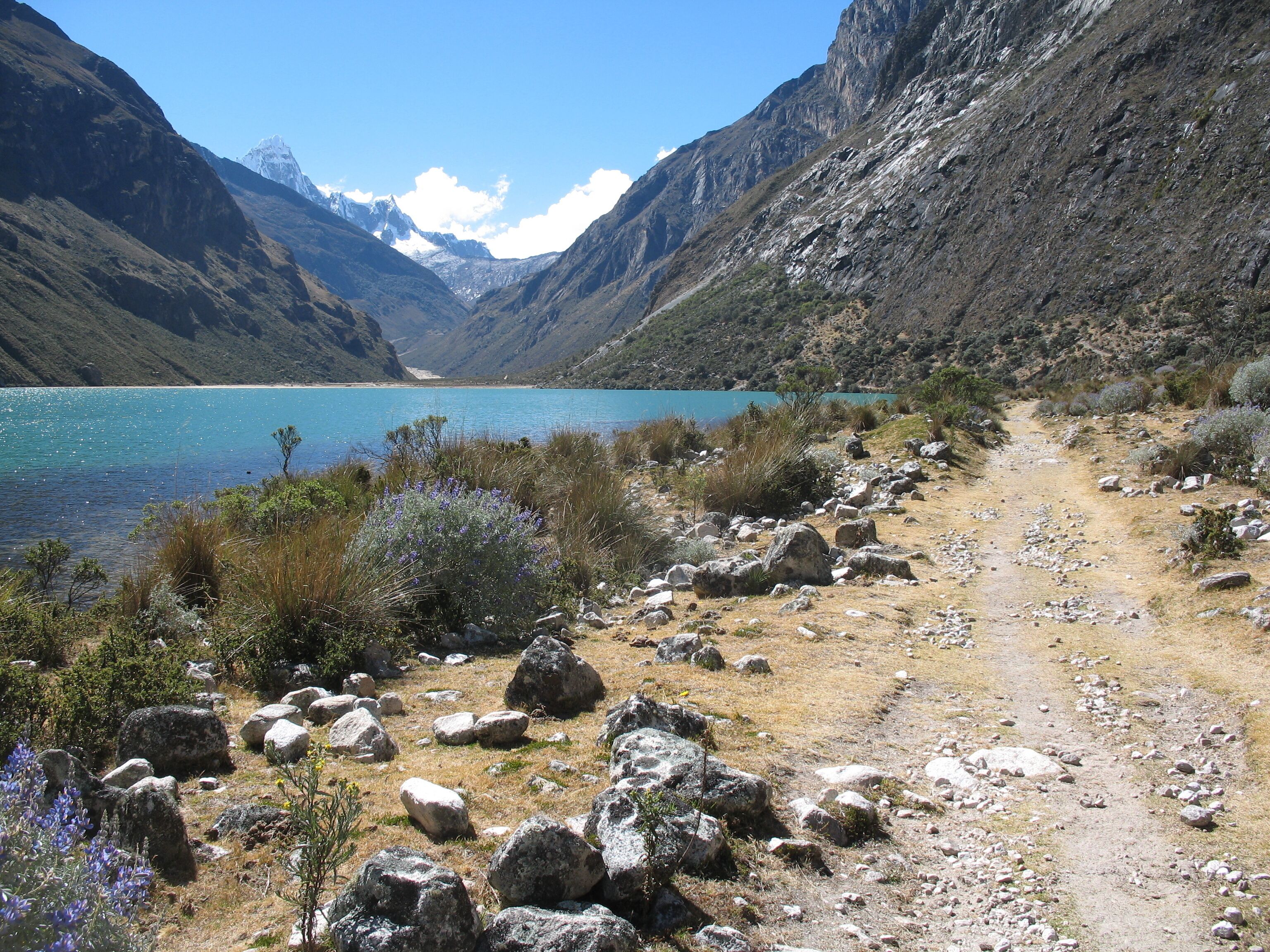 Un paisaje montañoso con un lago transparente, terreno rocoso y un camino de tierra.