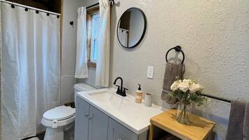 Hair dryer, bidet, towels, soap