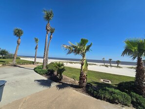 On the beach, sun-loungers, beach towels