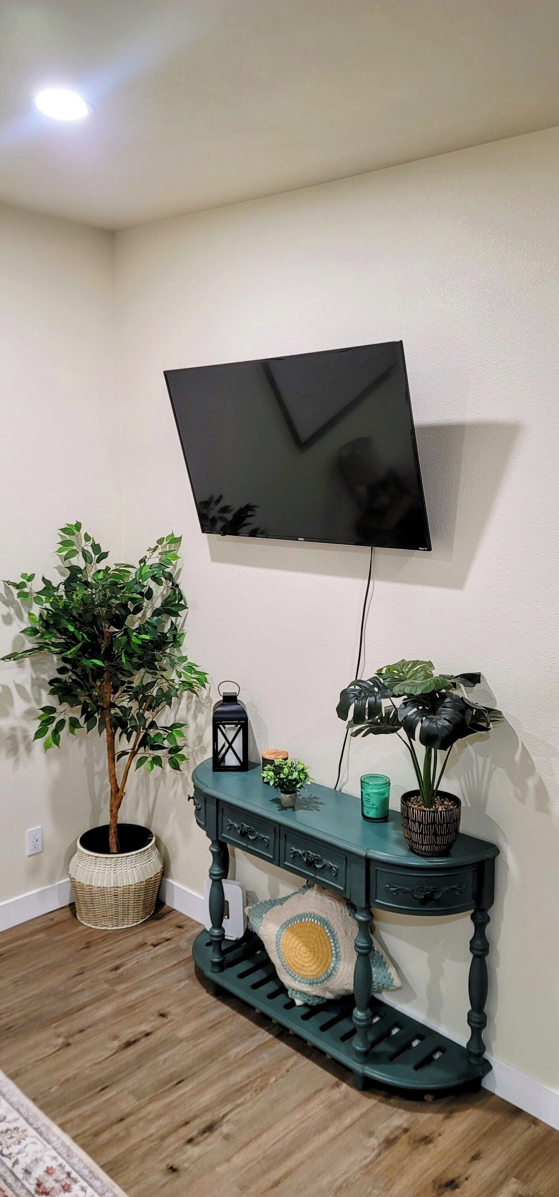 Un salon avec un téléviseur à écran plat fixé au mur, une console en bois foncé, deux plantes en pot, un panier en osier et un coussin décoratif à motifs.