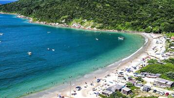 A beach with clear turquoise waters, a sandy shore, and a dense green forest in the background.