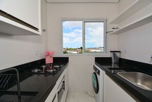 Cocina compacta con estufa a gas, lavadora, pileta y ventana con vistas a la ciudad.