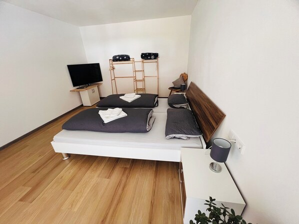 A modern hotel room with a bed, bedside table, TV, and a small plant.