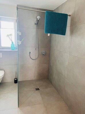 Shower, towels, toilet paper