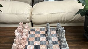 Un jeu d’échecs est posé sur une table basse en bois dans un salon, où se trouvent un canapé et une plante.