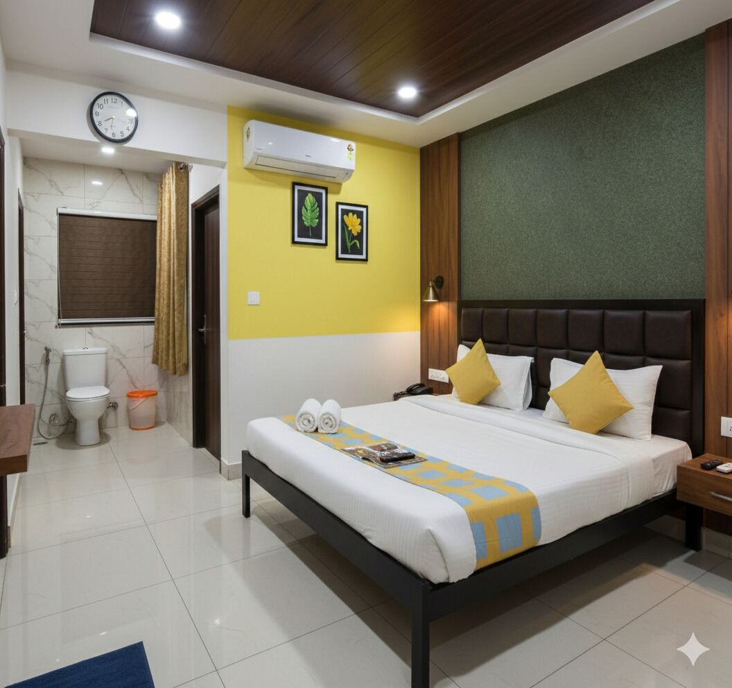 Una habitación de hotel con cama, mesita de noche y baño con inodoro y lavamanos.