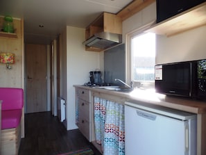 Fridge, microwave, coffee/tea maker, electric kettle