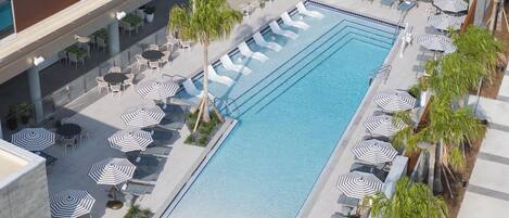 Outdoor pool, open 8:00 AM to 10:00 PM, pool umbrellas, sun loungers