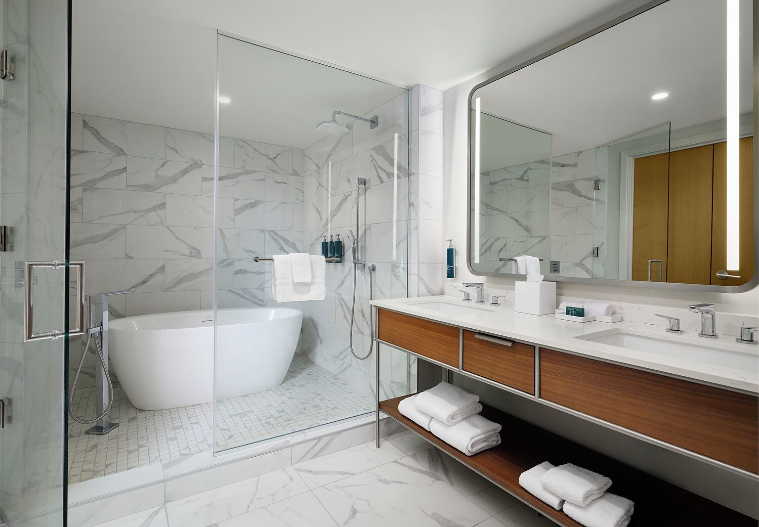 Hair dryer, towels, soap, shampoo