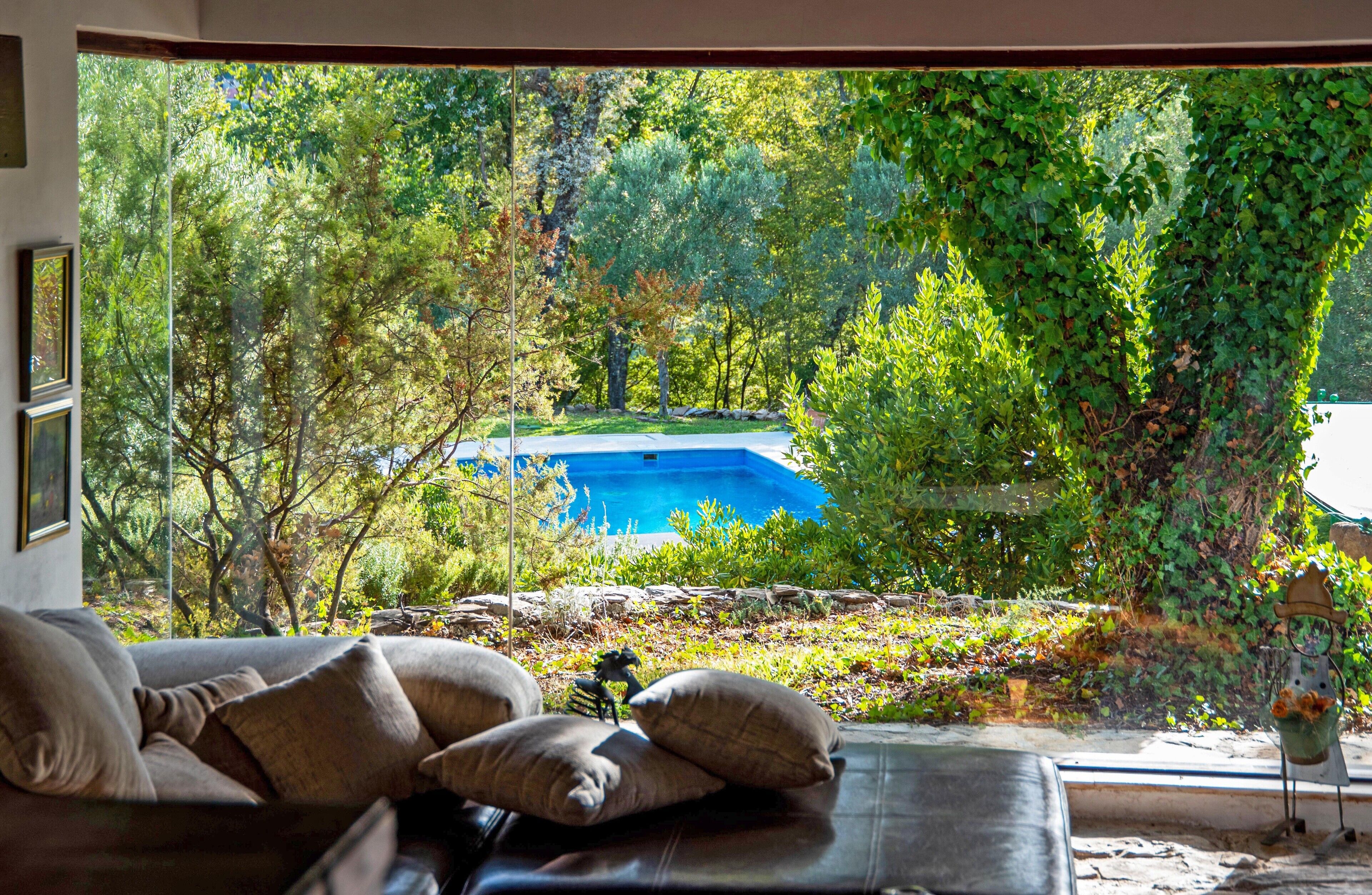 Una stanza con un'ampia finestra vista piscina circondata da vegetazione lussureggiante.