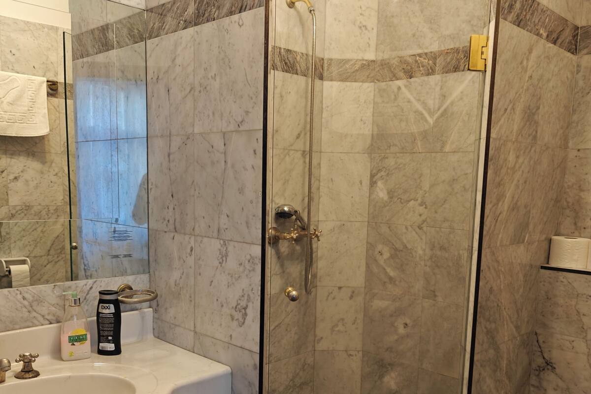 A bathroom with a glass-enclosed shower, a white sink, and a toilet.
