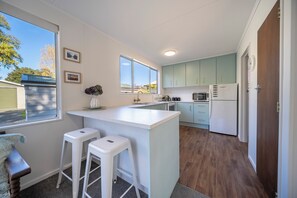 Fridge, microwave, coffee/tea maker, toaster