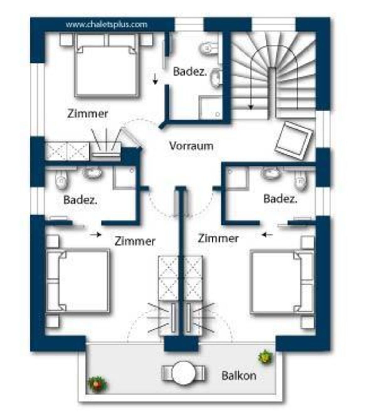 Grundriss eines Hotels mit zwei Schlafzimmern, einem Wohnzimmer, einem Balkon und einer Treppe.