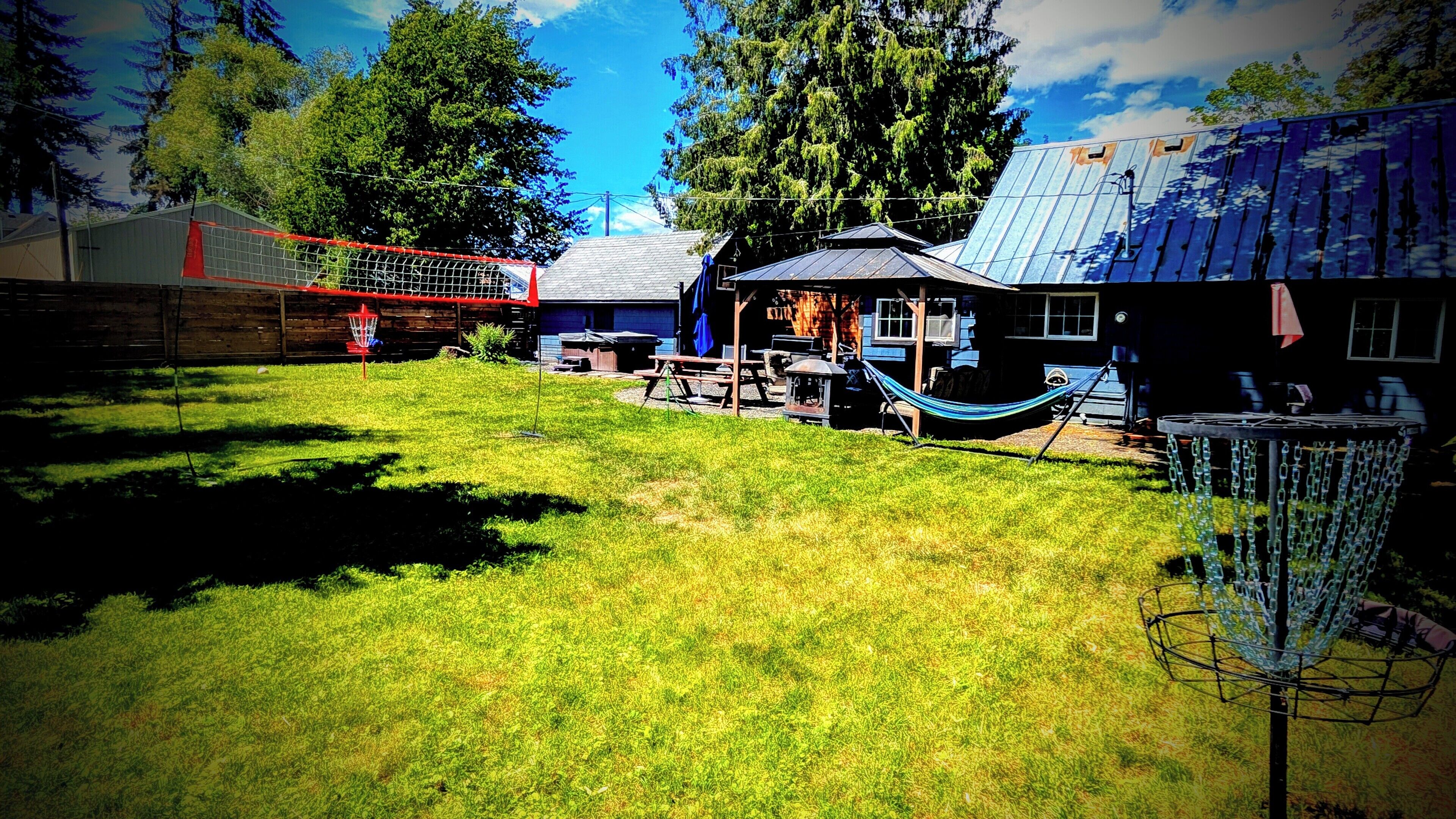 A backyard with a hammock, a basketball hoop, and a house with a metal roof.